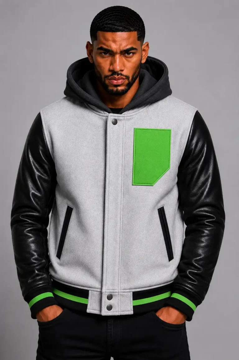Grey Hooded Varsity Jacket Black Leather Sleeves Green Patch Hood