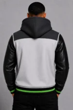 Grey Hooded Varsity Jacket Black Leather Sleeves Green Patch Hood For Sale