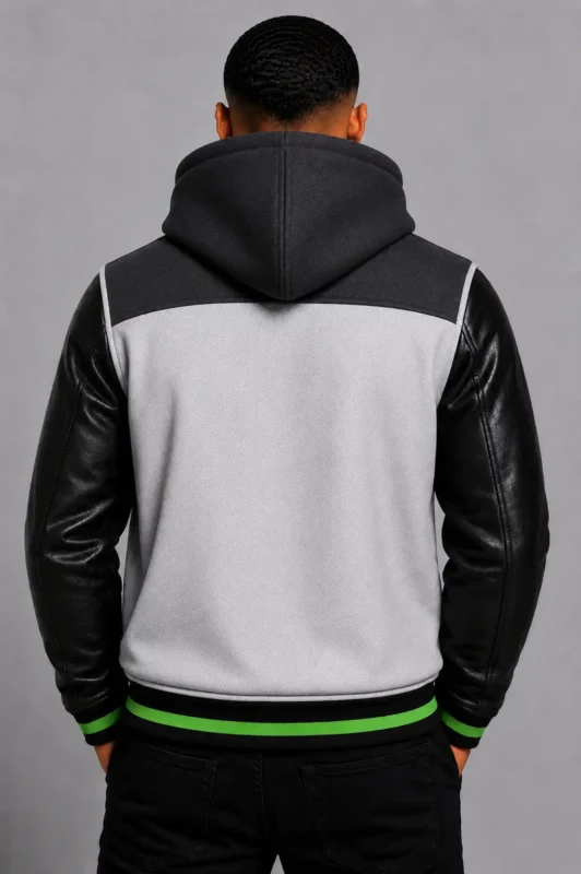Grey Hooded Varsity Jacket Black Leather Sleeves Green Patch Hood For Sale