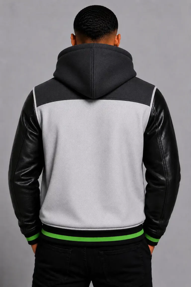 Grey Hooded Varsity Jacket Black Leather Sleeves Green Patch Hood For Sale