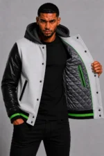 Grey Hooded Varsity Jacket Black Leather Sleeves Green Patch Hood On SALE