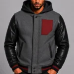 Grey Hooded Varsity Jacket Black Leather Sleeves Maroon Patch