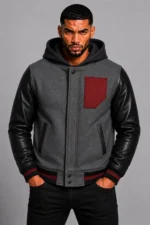 Grey Hooded Varsity Jacket Black Leather Sleeves Maroon Patch