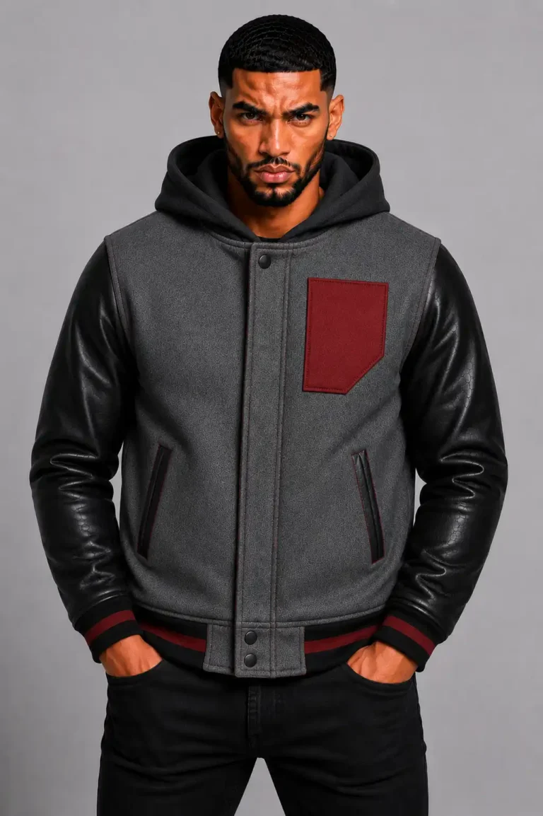 Grey Hooded Varsity Jacket Black Leather Sleeves Maroon Patch