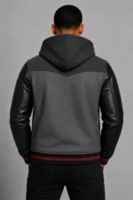Grey Hooded Varsity Jacket Black Leather Sleeves Maroon Patch For Sale