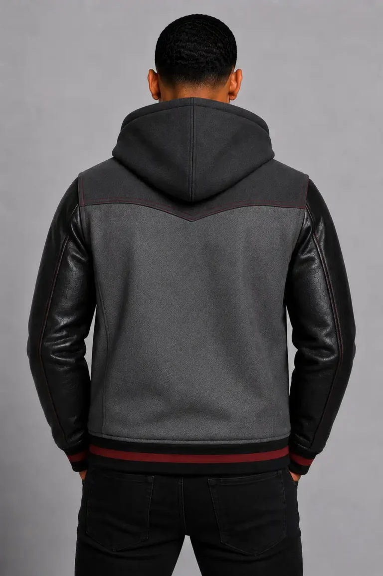 Grey Hooded Varsity Jacket Black Leather Sleeves Maroon Patch For Sale