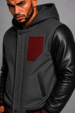 Grey Hooded Varsity Jacket Black Leather Sleeves Maroon Patch On Sale