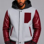 Grey Hooded Varsity Jacket Maroon Leather Sleeves Maroon Patch