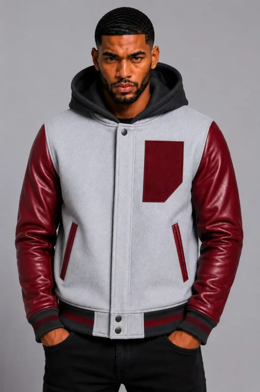 Grey Hooded Varsity Jacket Maroon Leather Sleeves Maroon Patch