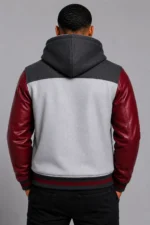 Grey Hooded Varsity Jacket Maroon Leather Sleeves Maroon Patch For Sale