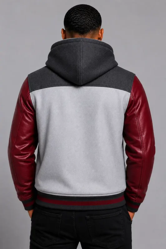 Grey Hooded Varsity Jacket Maroon Leather Sleeves Maroon Patch For Sale