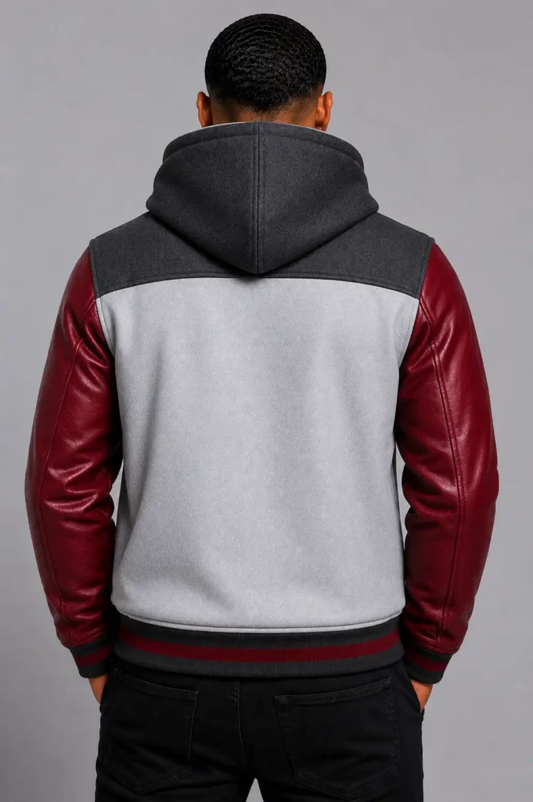 Grey Hooded Varsity Jacket Maroon Leather Sleeves Maroon Patch For Sale