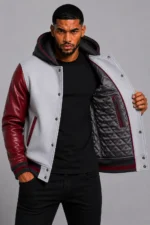Grey Hooded Varsity Jacket Maroon Leather Sleeves Maroon Patch On SALE