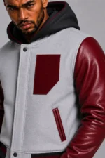 Grey Maroon Hooded Varsity Jacket Maroon Leather Sleeves For Sale