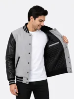 Grey Wool Black Leather Sleeve Varsity Jacket For Sale