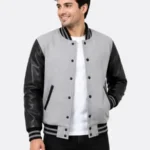 Grey Wool Varsity Jacket Black Leather Sleeves White Ribbing