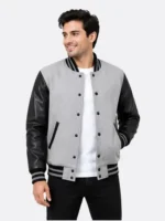 Grey Wool Varsity Jacket Black Leather Sleeves White Ribbing