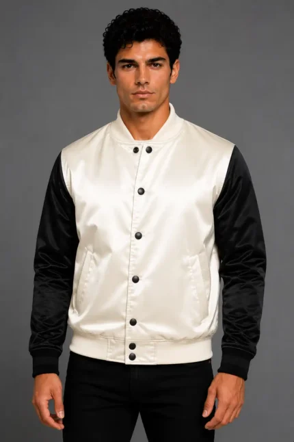 Ice White Black Satin Varsity Jacket Mens White Satin Lining