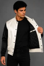 Ice White Black Satin Varsity Jacket Mens White Satin Lining On Sale