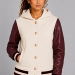 Ivory Burgundy Leather Hooded Womens Varsity Jacket Rose Gold