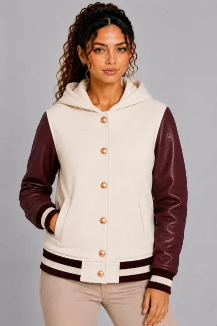 Ivory Burgundy Leather Hooded Womens Varsity Jacket Rose Gold