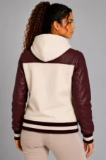 Ivory Burgundy Leather Hooded Womens Varsity Jacket Rose Gold For Sale