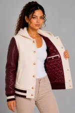 Ivory Burgundy Leather Hooded Womens Varsity Jacket Rose Gold On Sale