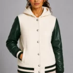 Ivory Forest Green Leather Hooded Womens Varsity Jacket Black Rib