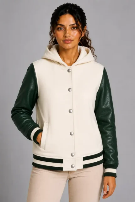 Ivory Forest Green Leather Hooded Womens Varsity Jacket Black Rib