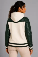 Ivory Forest Green Leather Hooded Womens Varsity Jacket Black Rib For Sale