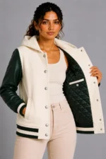 Ivory Forest Green Leather Hooded Womens Varsity Jacket Black Rib On Sale
