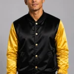 Jet Black Gold Satin Varsity Jacket Mens Red Satin Lining Inside
