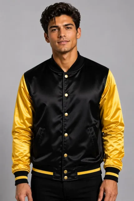 Jet Black Gold Satin Varsity Jacket Mens Red Satin Lining Inside