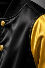 Jet Black Gold Satin Varsity Jacket Mens Red Satin Lining Inside On Sale