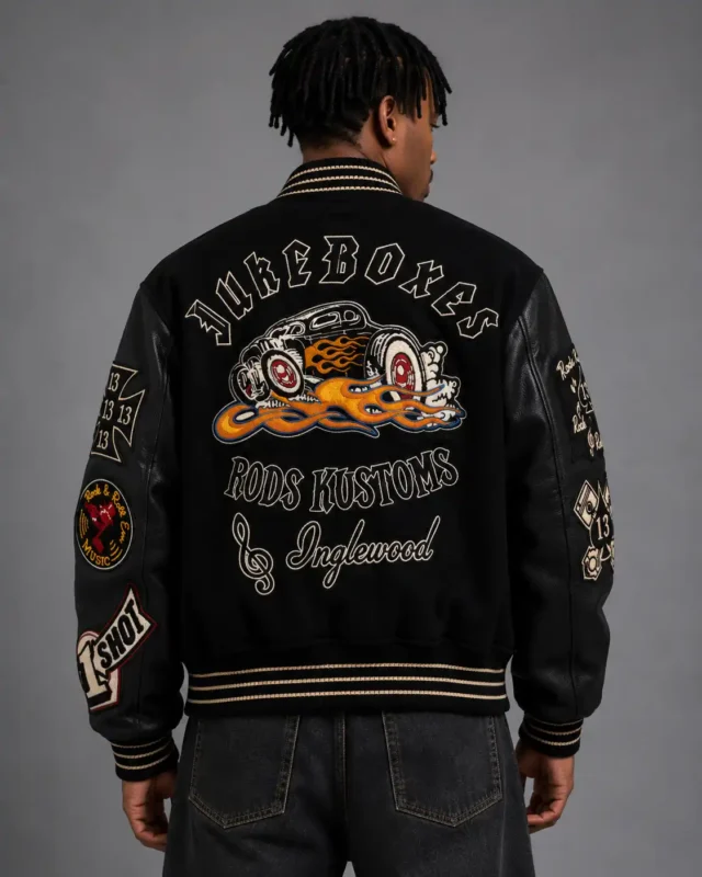 Jukeboxes Rods Kustoms Exclusive Black Wool Varsity Jacket Patch For Sale