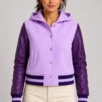 Lavender Plum Leather Hooded Womens Varsity Jacket Deep Violet