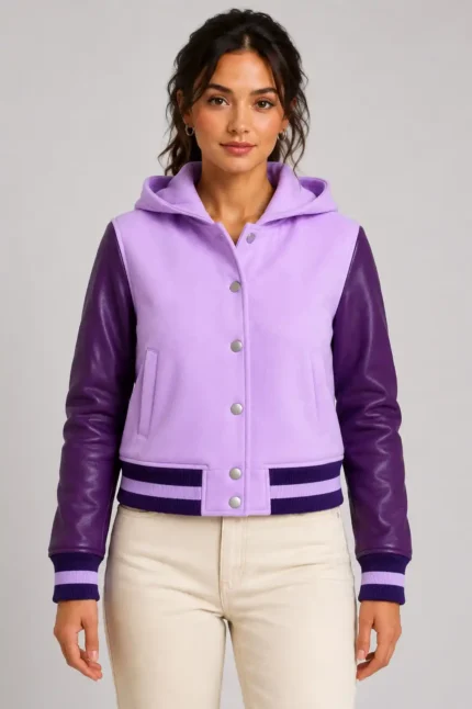 Lavender Plum Leather Hooded Womens Varsity Jacket Deep Violet