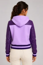 Lavender Plum Leather Hooded Womens Varsity Jacket Deep Violet For Sale