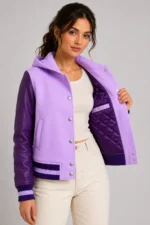 Lavender Plum Leather Hooded Womens Varsity Jacket Deep Violet On Sale