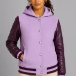 Lavender Plum Leather Hooded Womens Varsity Jacket Purple Rib
