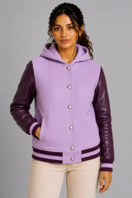 Lavender Plum Leather Hooded Womens Varsity Jacket Purple Rib