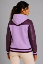 Lavender Plum Leather Hooded Womens Varsity Jacket Purple Rib For Sale