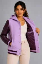 Lavender Plum Leather Hooded Womens Varsity Jacket Purple Rib On Sale