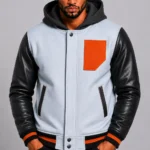 Light Blue Hooded Varsity Jacket Black Leather Orange Chest Patch