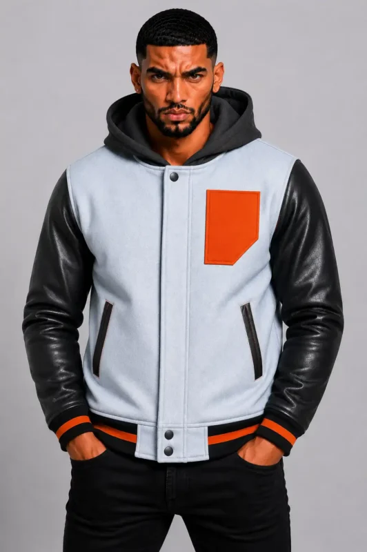 Light Blue Hooded Varsity Jacket Black Leather Orange Chest Patch