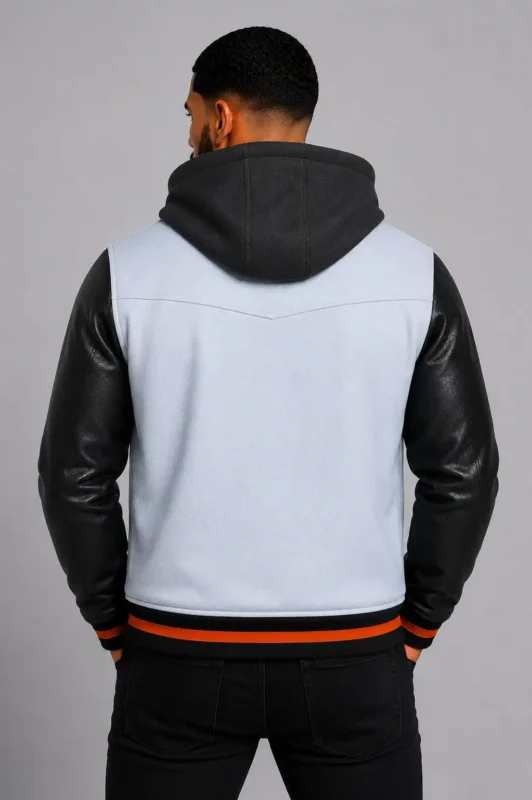 Light Blue Hooded Varsity Jacket Black Leather Orange Chest Patch For Sale