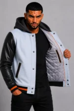 Light Blue Hooded Varsity Jacket Black Leather Orange Chest Patch On Sale