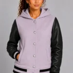 Lilac Black Leather Hooded Womens Varsity Jacket Lilac Black Rib
