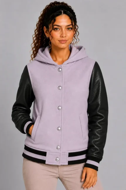 Lilac Black Leather Hooded Womens Varsity Jacket Lilac Black Rib