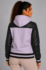 Lilac Black Leather Hooded Womens Varsity Jacket Lilac Black Rib For Sale